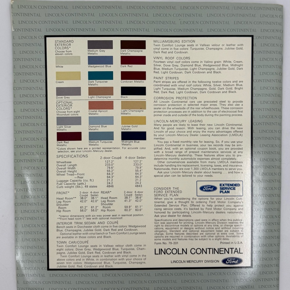 1979 Lincoln‎ Continental Full Line Sales Brochure Includes Paint Selection New - Picture 3 of 7
